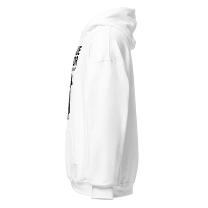 White hoodie left side angle showing plague doctor illustration