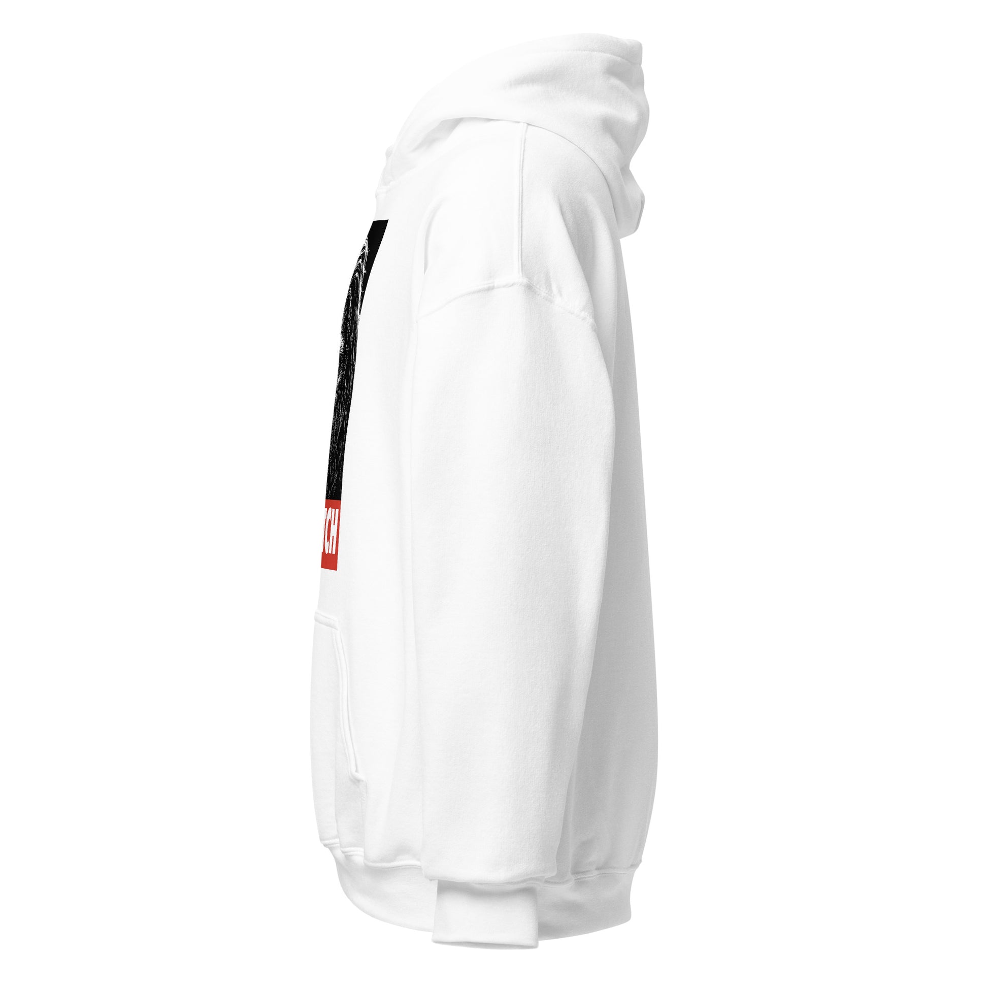 White hoodie left angle showing Sasquatch portrait artwork