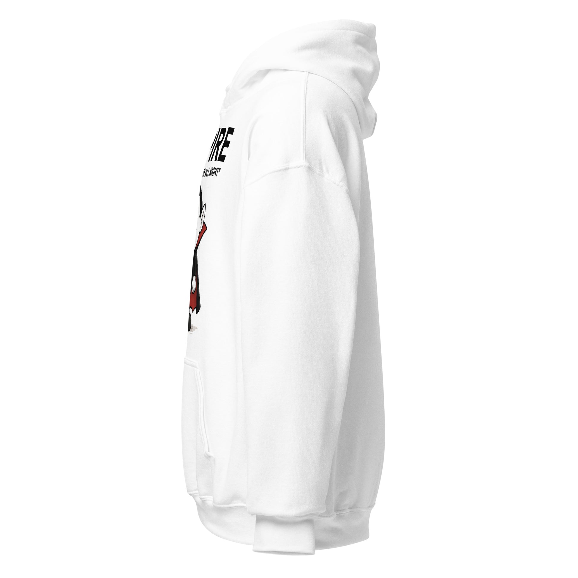 White hoodie with a graphic design on the sleeve against a white background