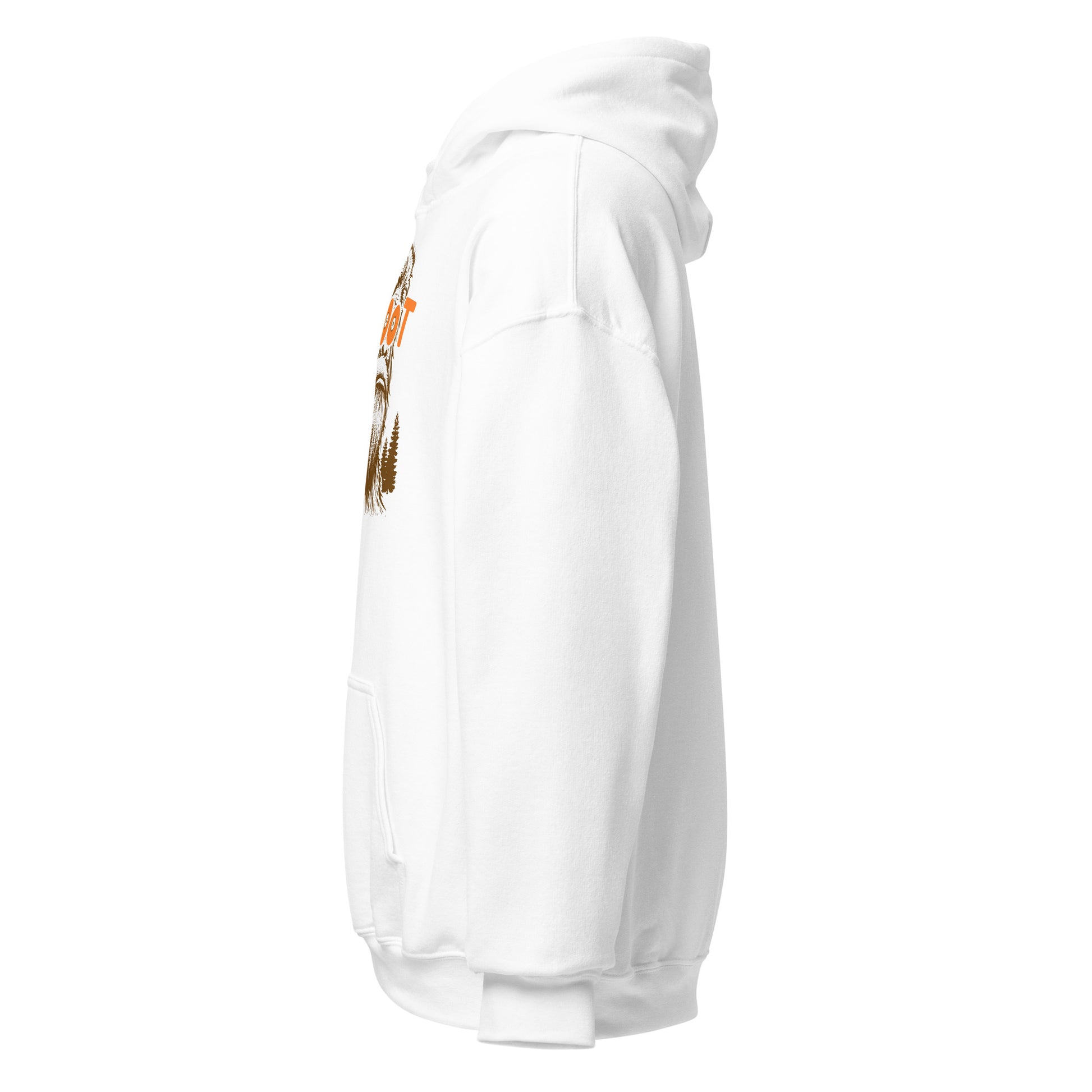 White hoodie with a small graphic on the sleeve against a white background