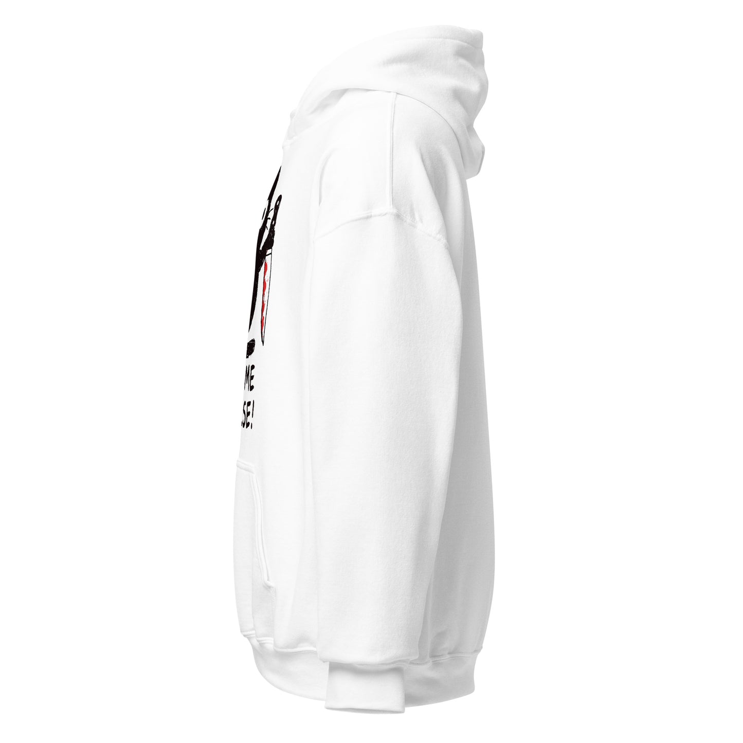 White hoodie with black and red graphics on a white background