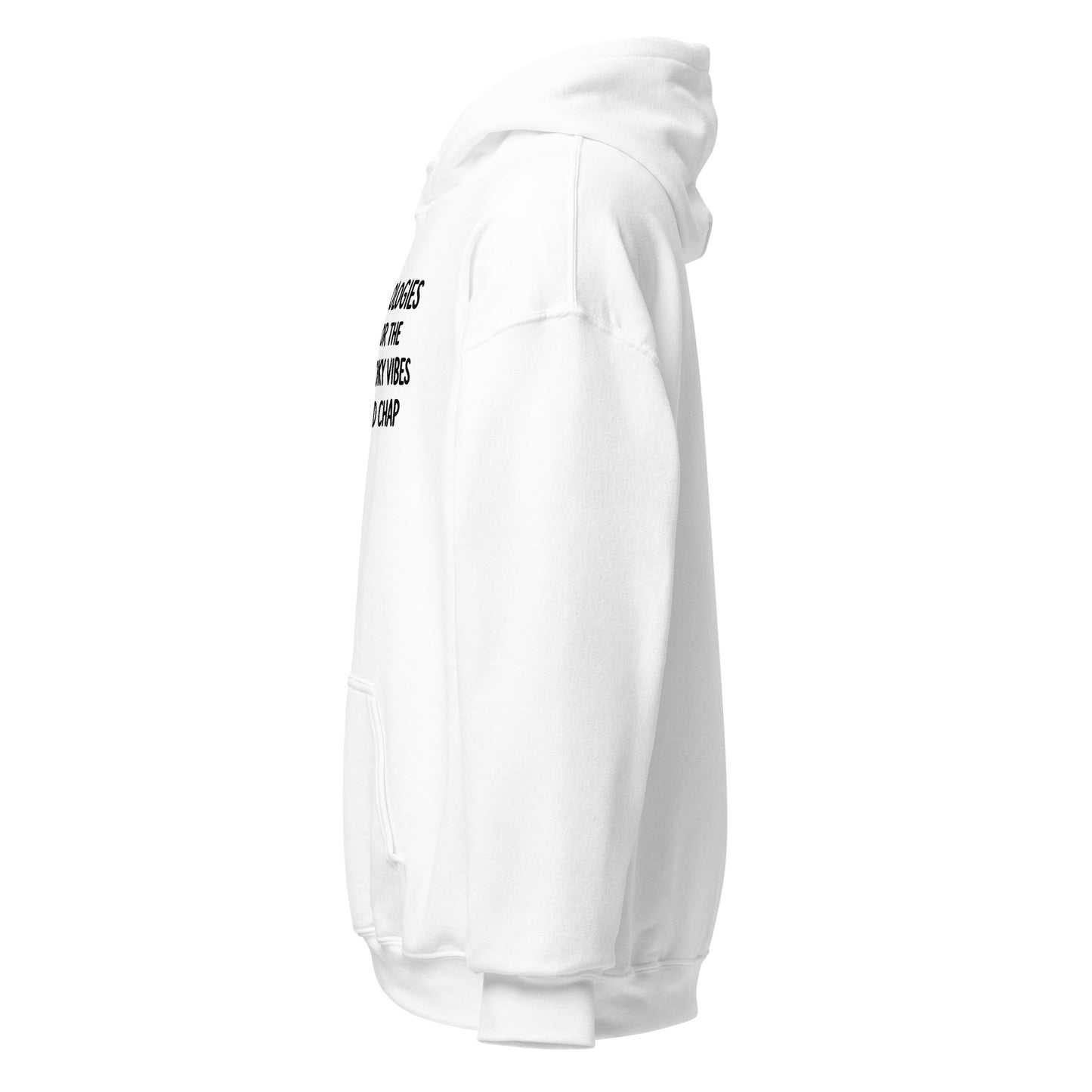 White hoodie with text on the sleeve against a white background
