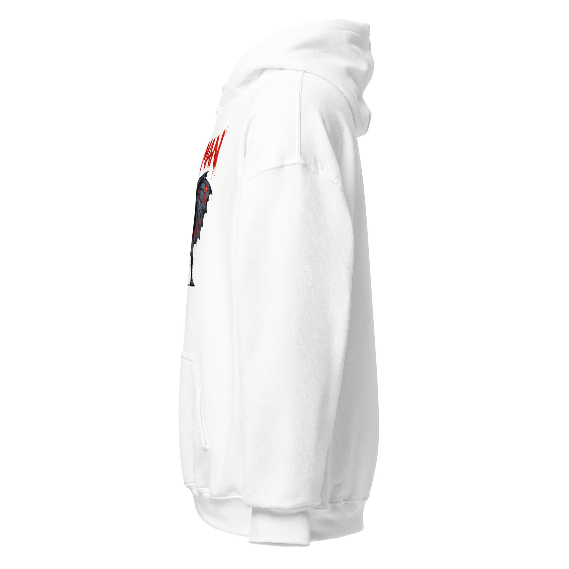 White hoodie with a graphic design on the sleeve against a white background
