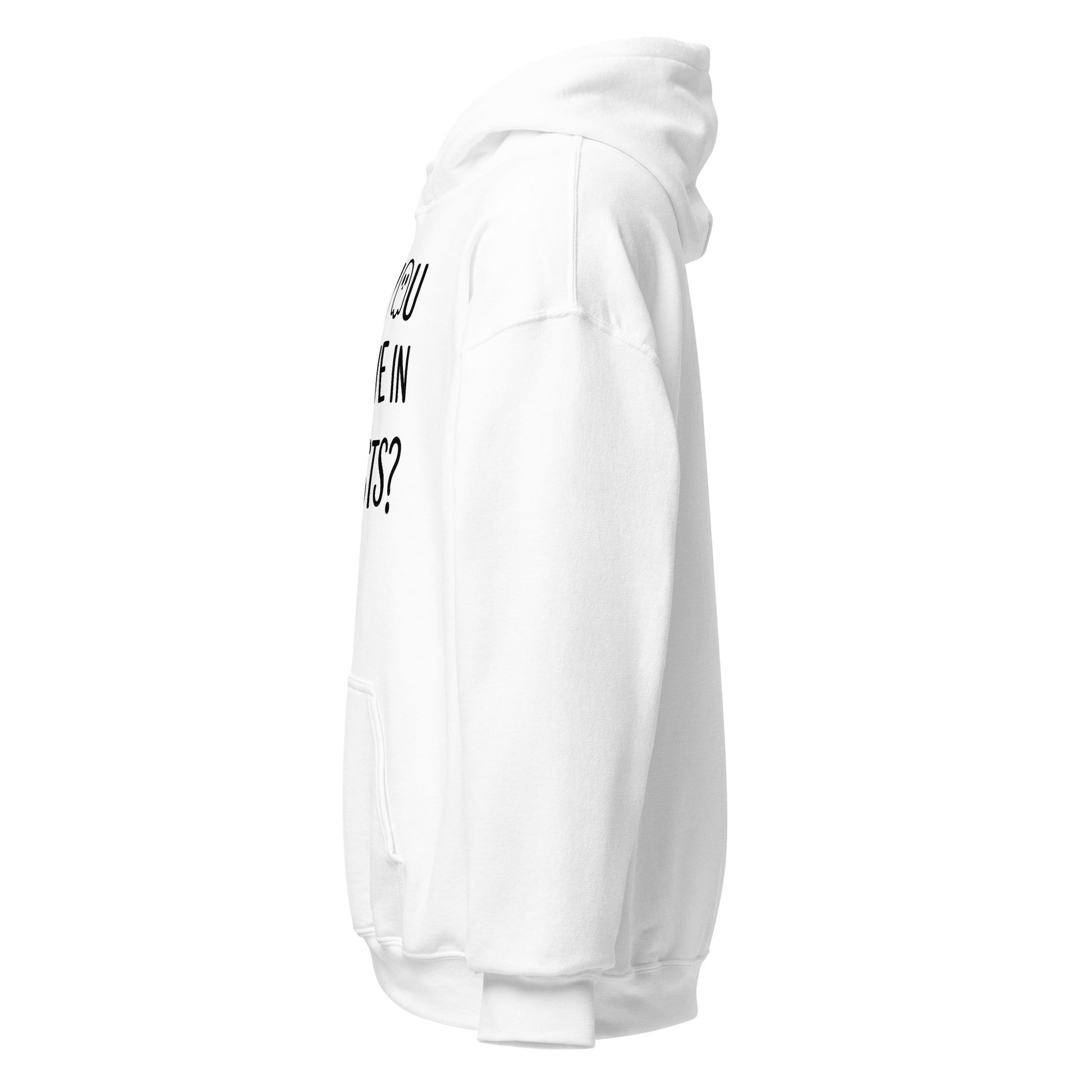 White hoodie with text on the sleeve against a white background