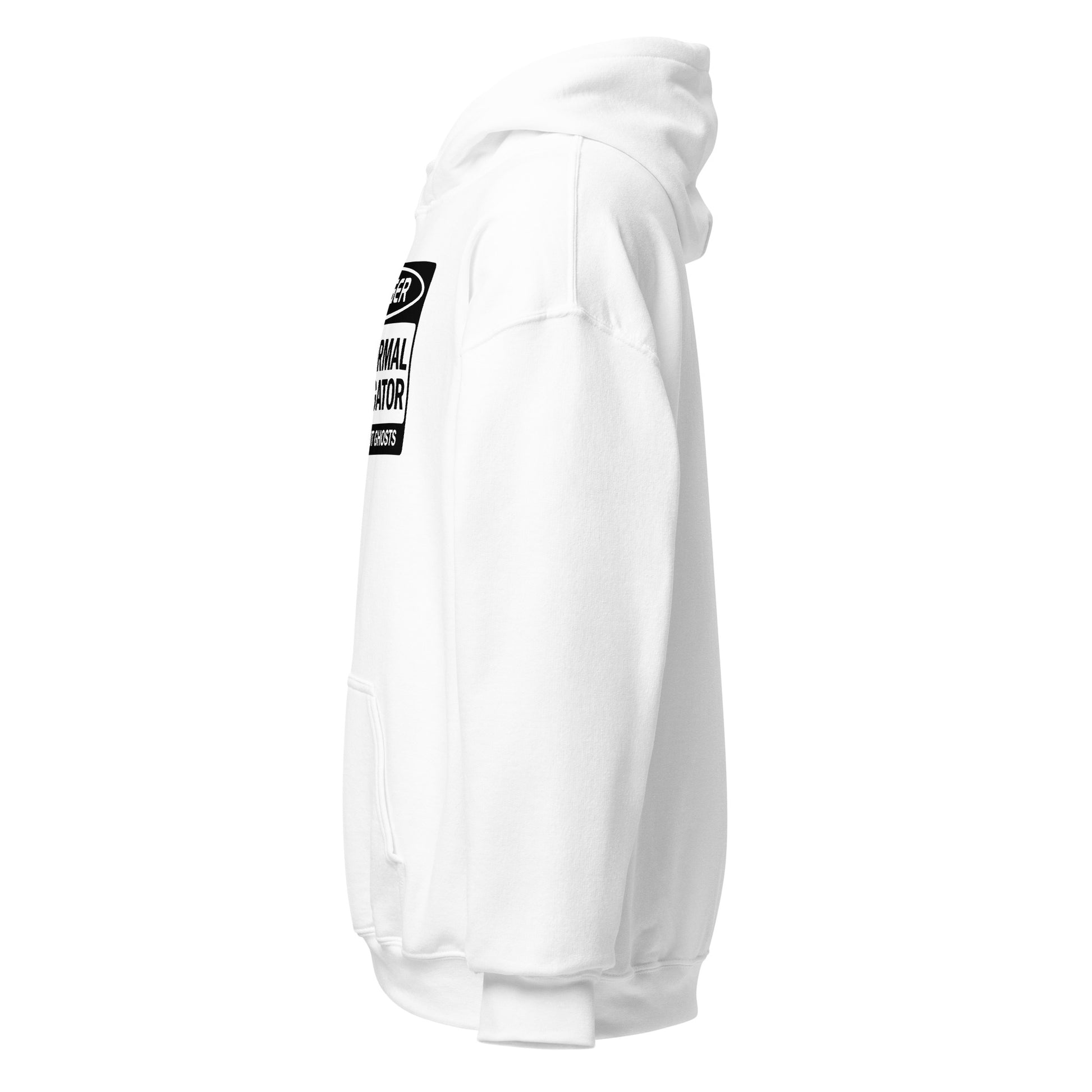 Left side view of white paranormal investigator warning text hoodie