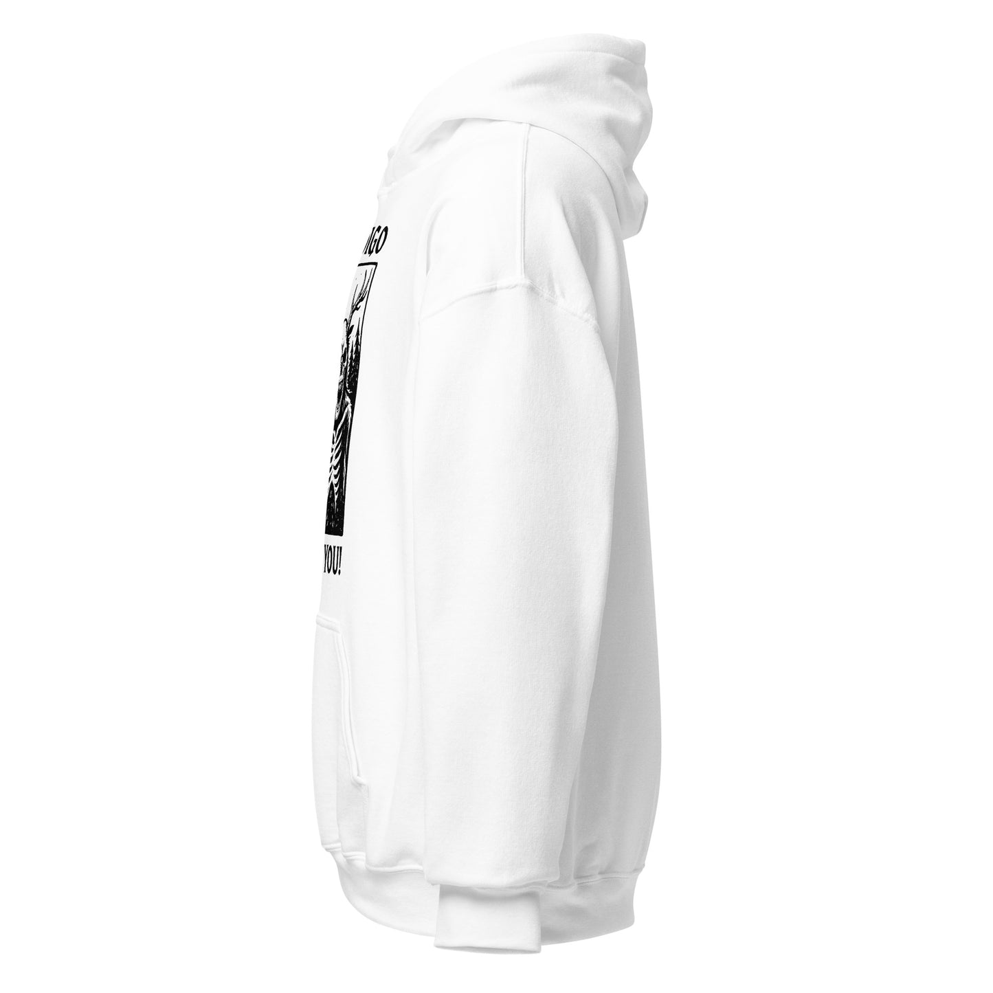 Left view white hoodie showing side profile of Wendigo design