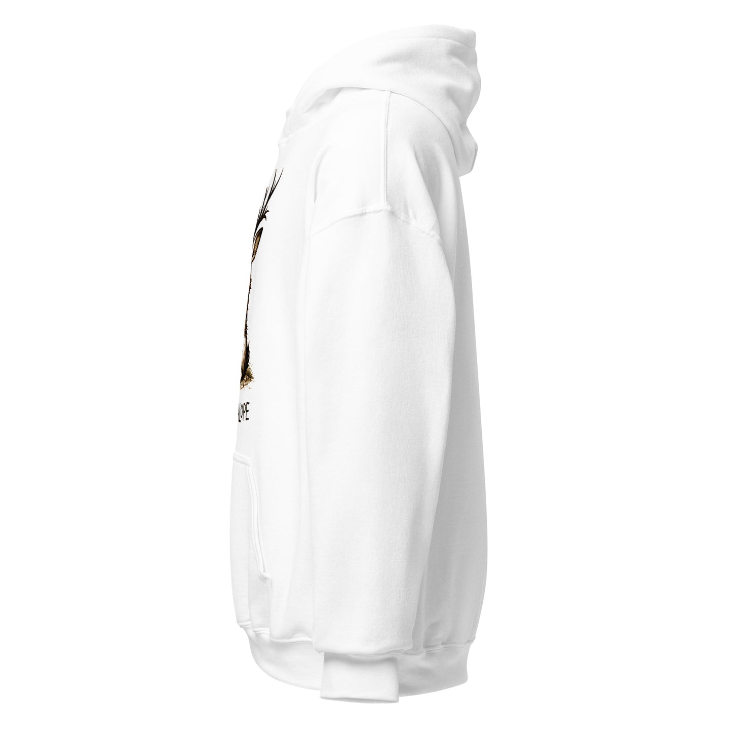White hoodie with a small graphic on the chest against a white background