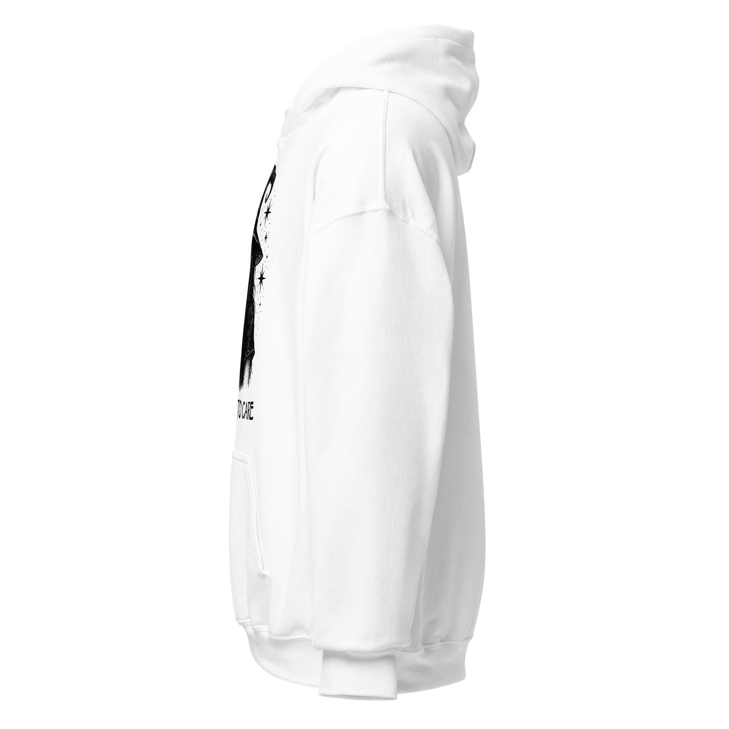 Left view white hoodie showing side profile without design