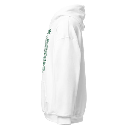 Green Man hoodie left side view, subtle profile of Celtic leaf face design on white