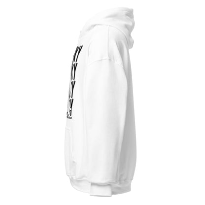 Left side view of white paranormal ghost hoodie featuring eerie supernatural artwork