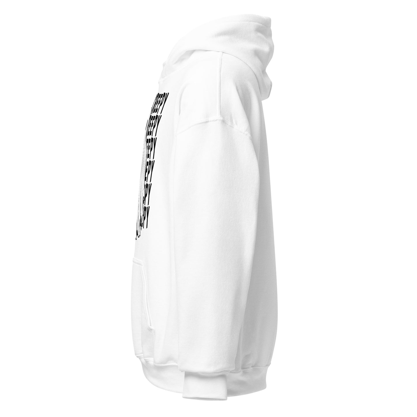 Left side view of white spooky ghost hoodie featuring cute paranormal artwork