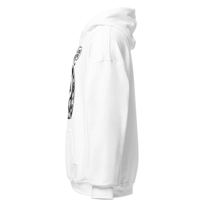 Left side view of white funny Mothman hoodie featuring lovestruck cryptid artwork