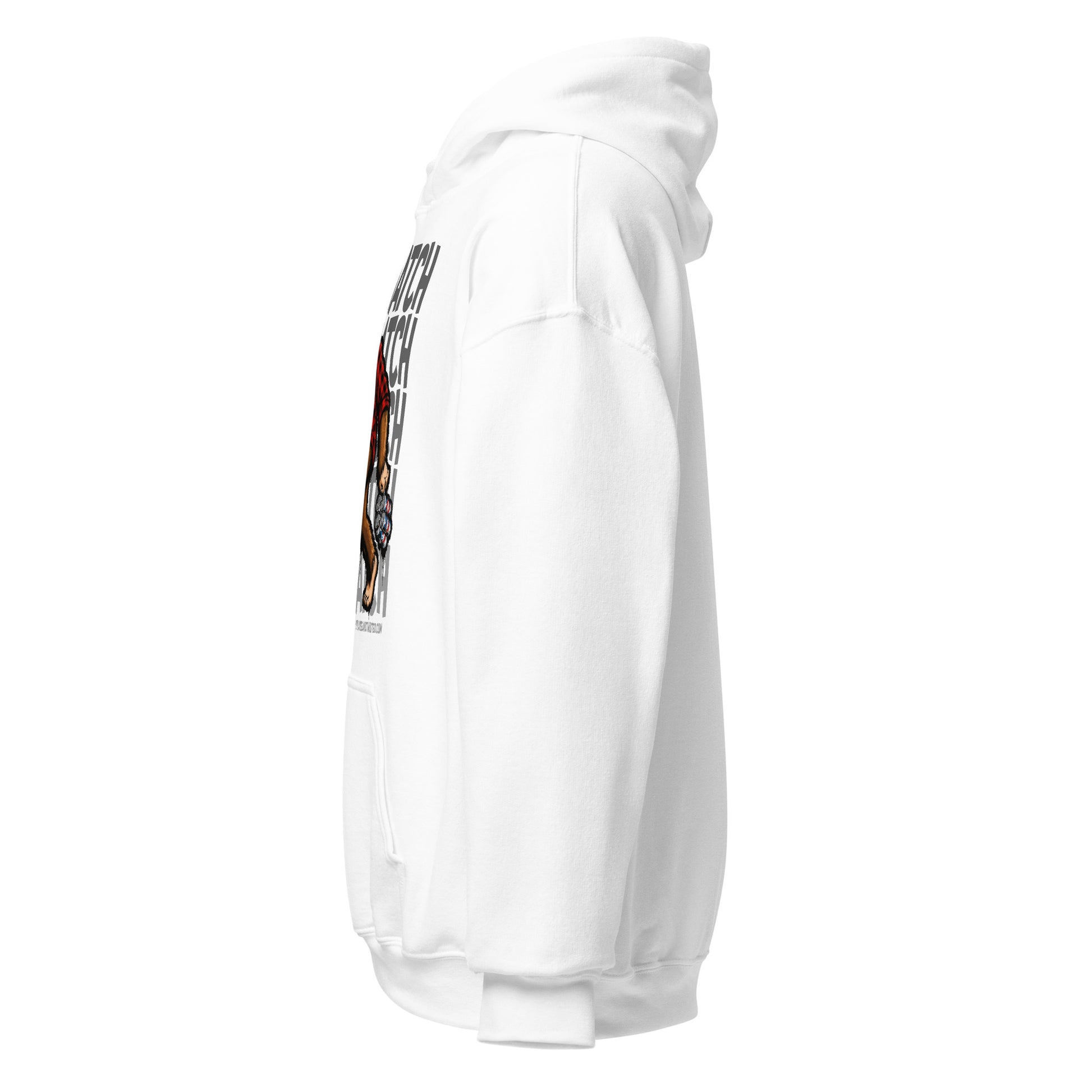 Left side view of white Sasquatch hoodie featuring patriotic cryptid artwork
