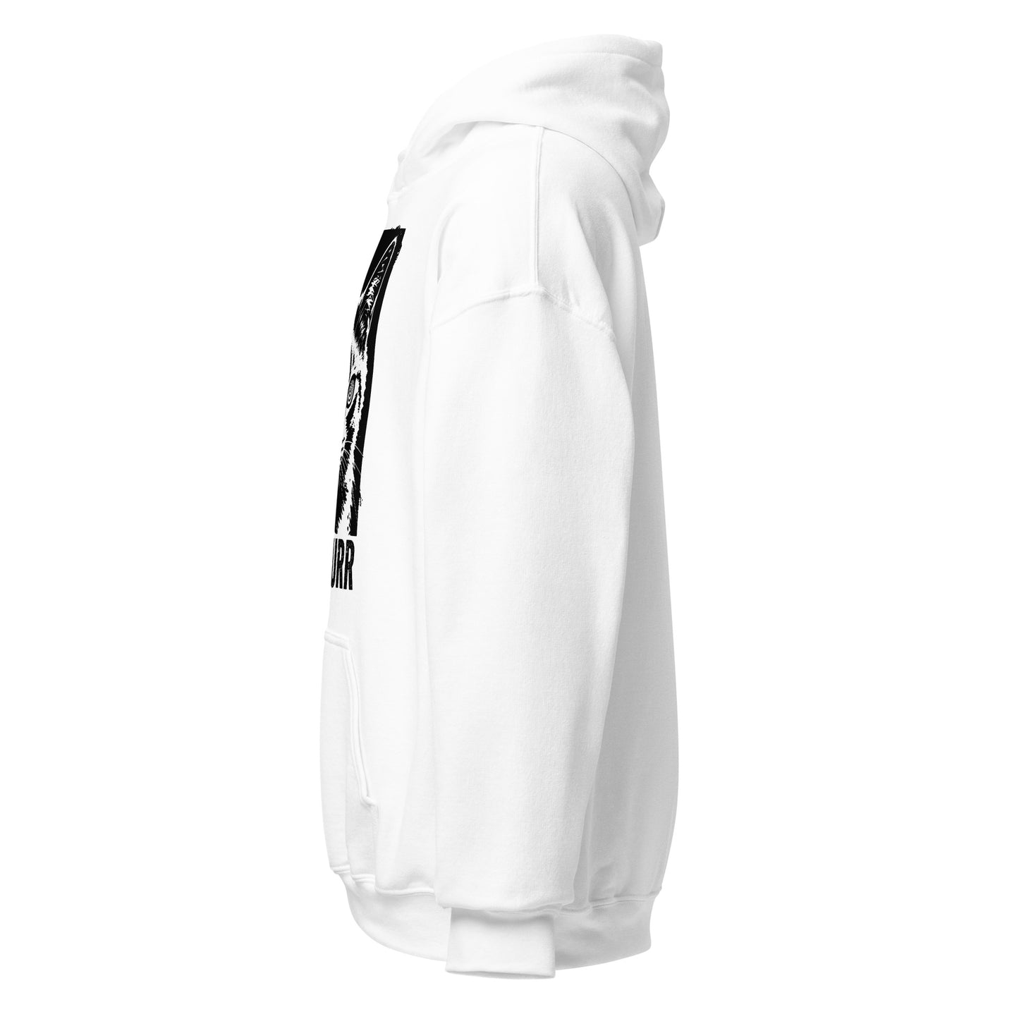 Left side view of the white Lucifurr occult cat hooded sweatshirt with sleeve and hood