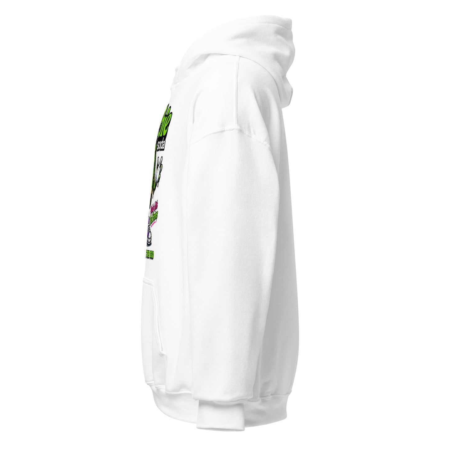 Left side view of the white Diet Zombie Soda horror hoodie showing sleeve and hood
