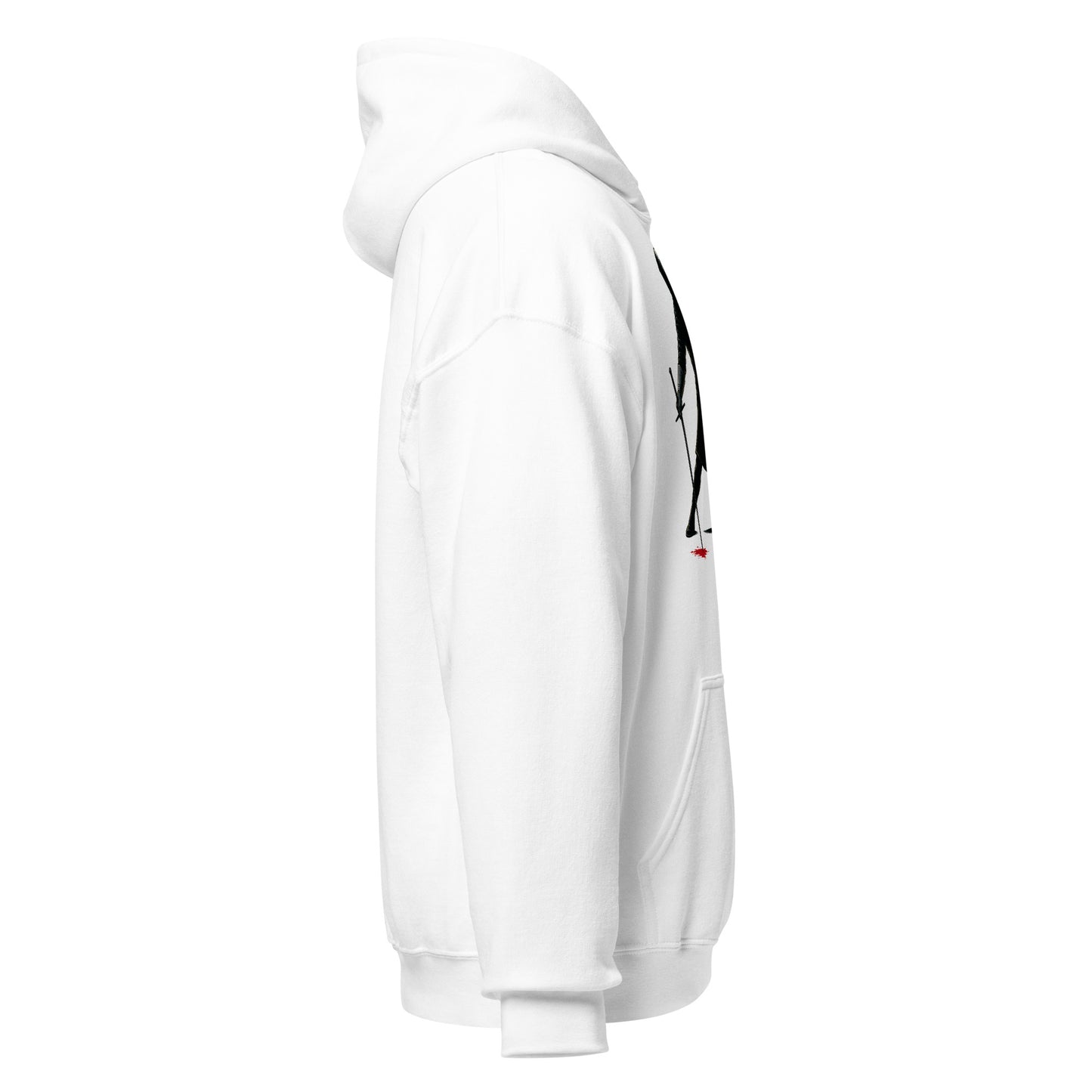 right-side view of white hoodie with medieval parody theme by Strange & Twisted