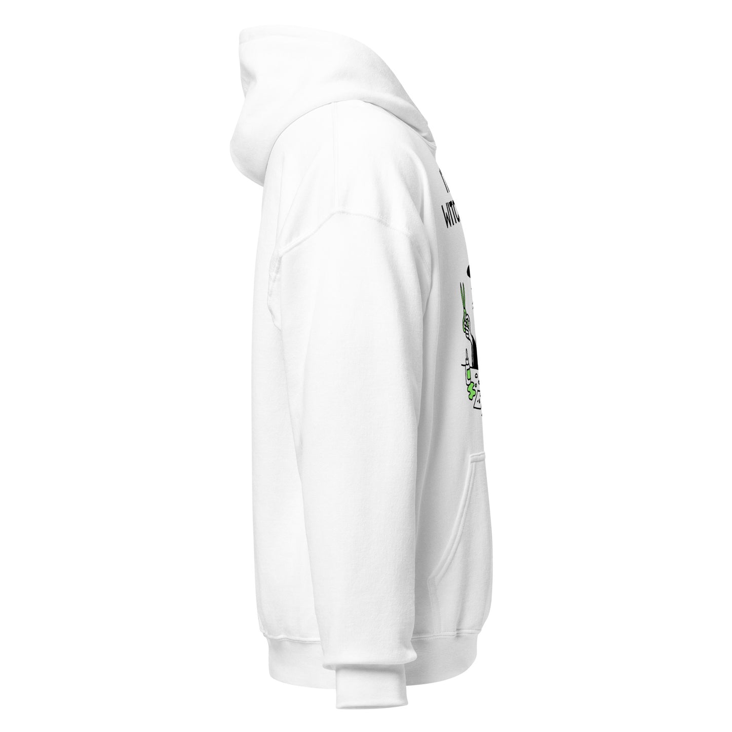 Right side view of white magical crafts hoodie, by Strange & Twisted