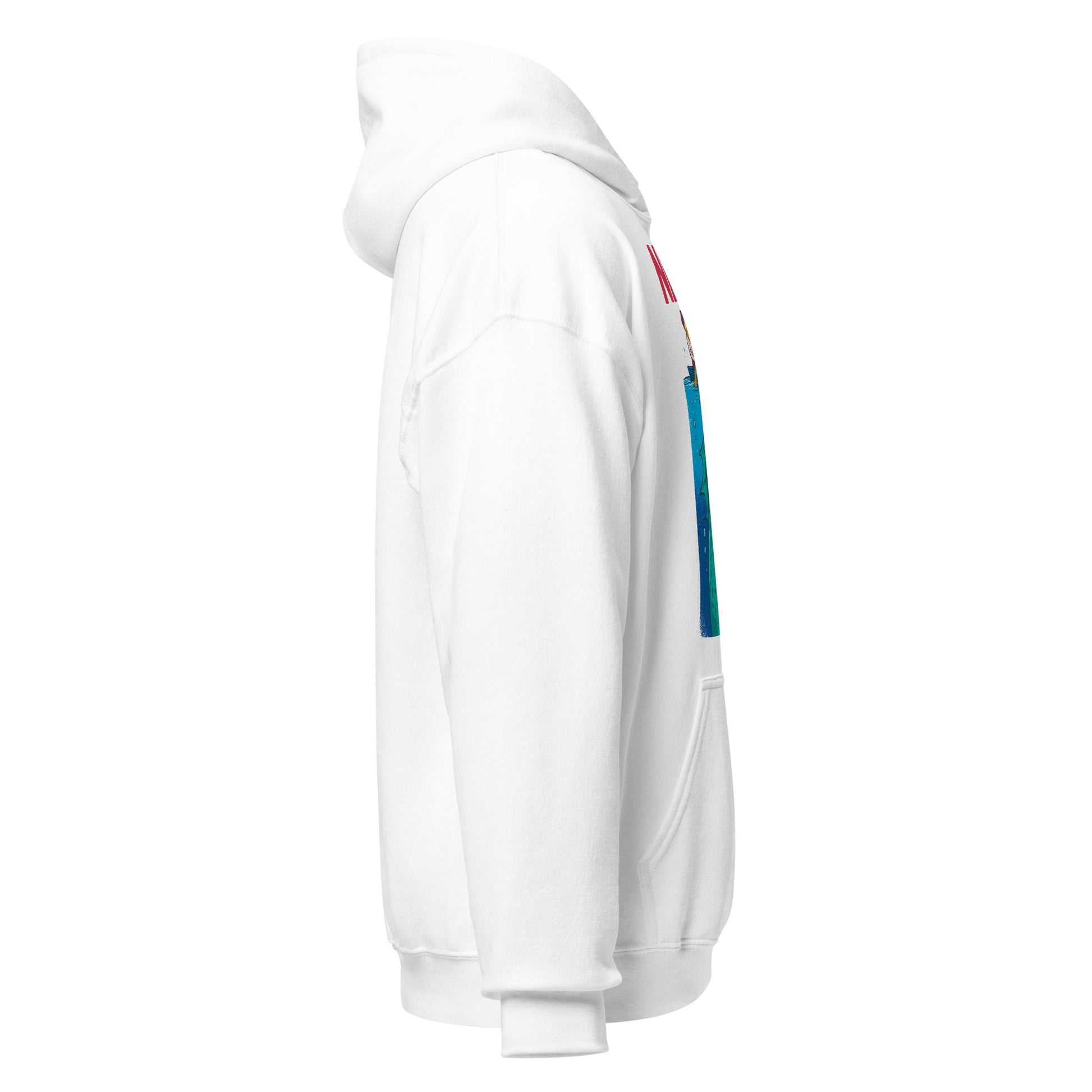 Right side view of white hoodie showing shape and style for Nessie cryptid parody design, By Strange & Twisted