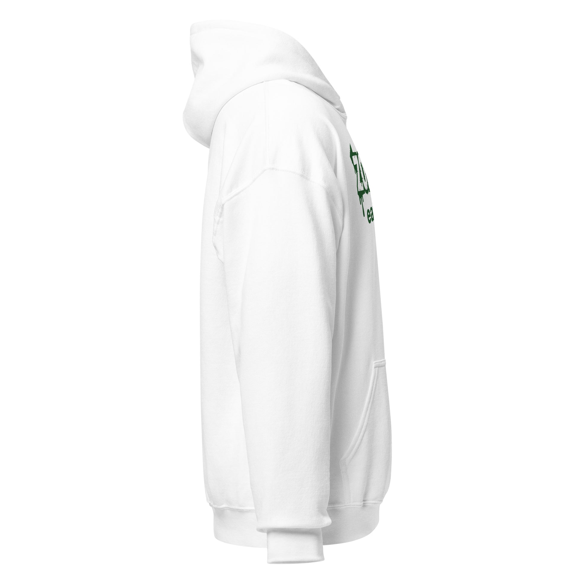 Right side view of white hoodie showing fit and side profile for zombie parody artwork, By Strange & Twisted
