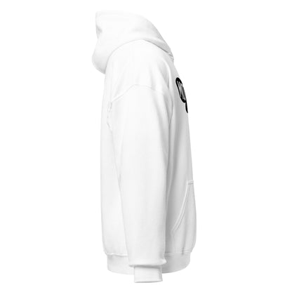Right side view of white hoodie featuring subtle Mothman themed outline, By Strange and Twisted