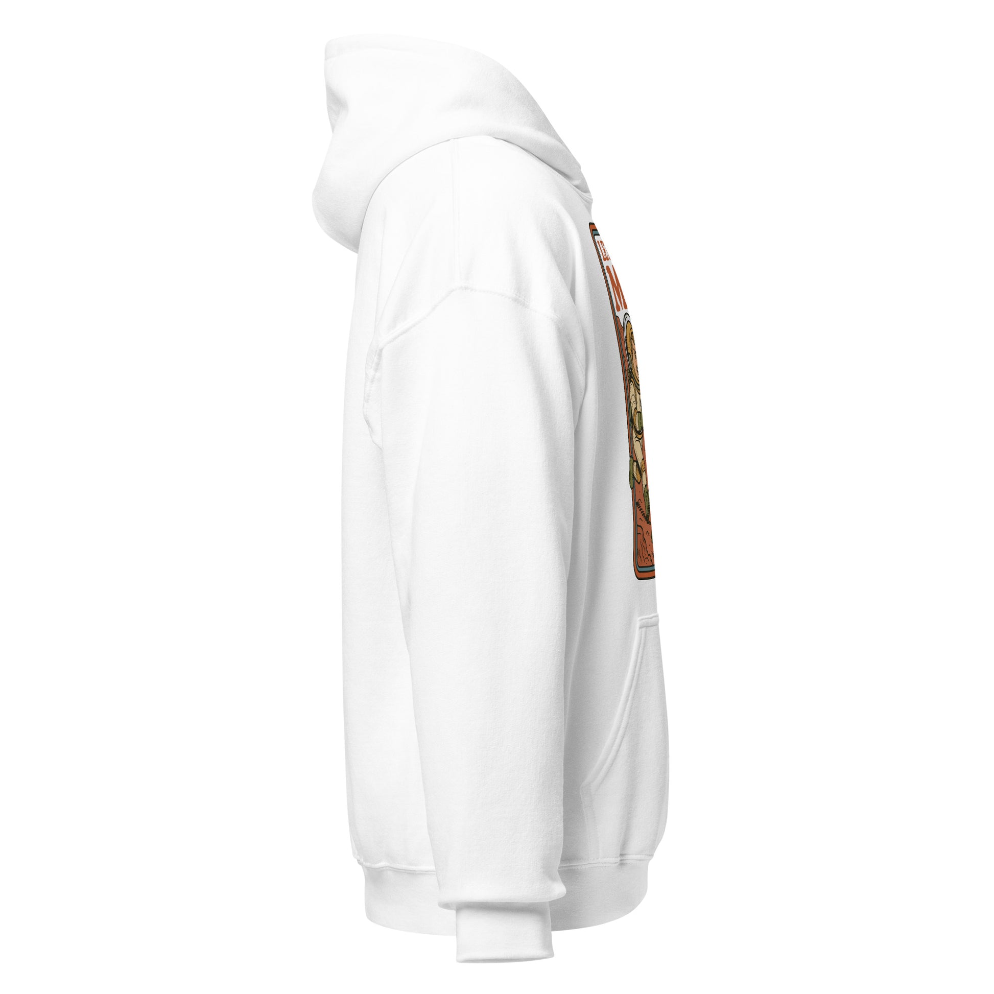 Right side view of white hoodie showing sleeve line and part of the colourful alien characters running across Mars.