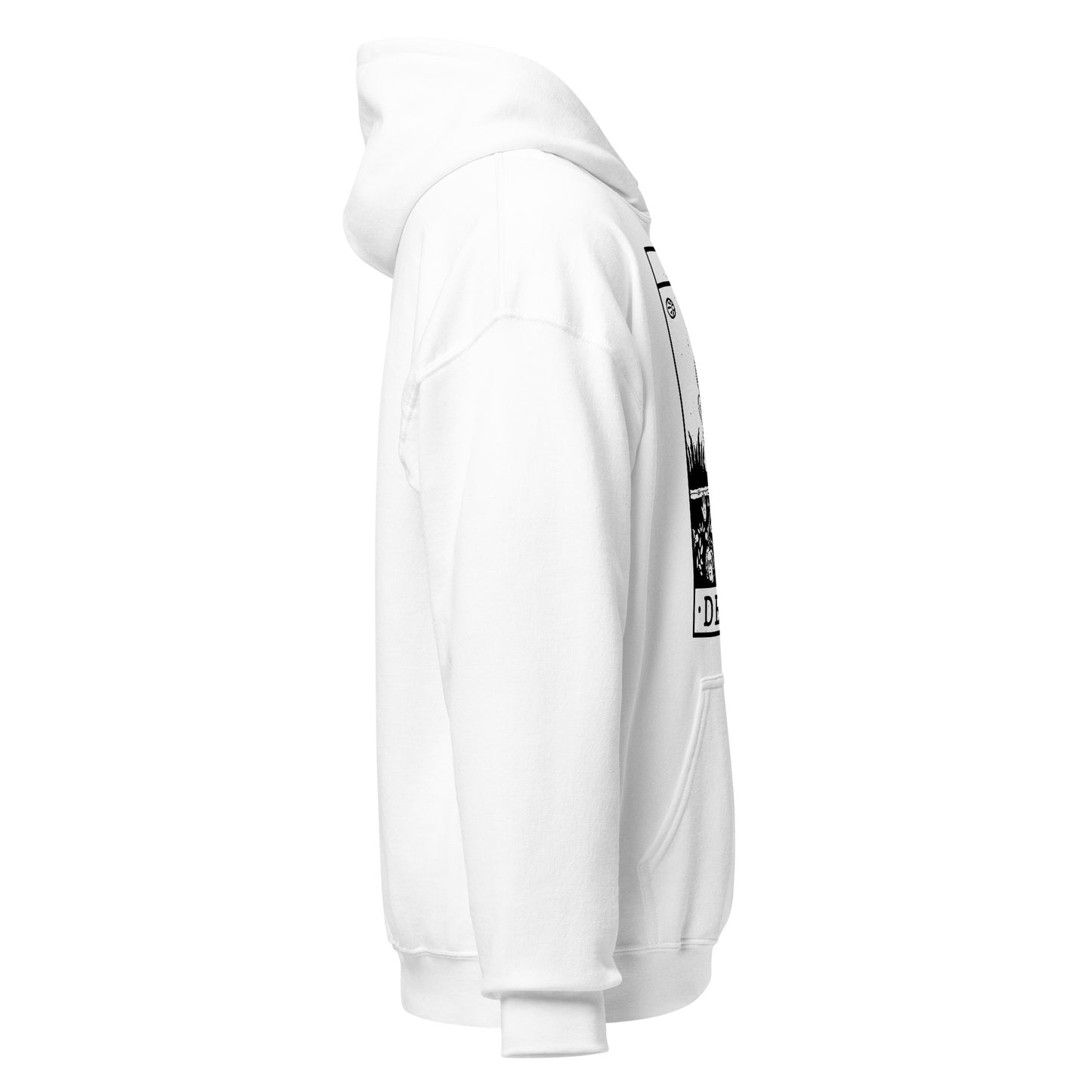 Right side view of white hoodie showing side seam and a partial view of the Death tarot symbol.