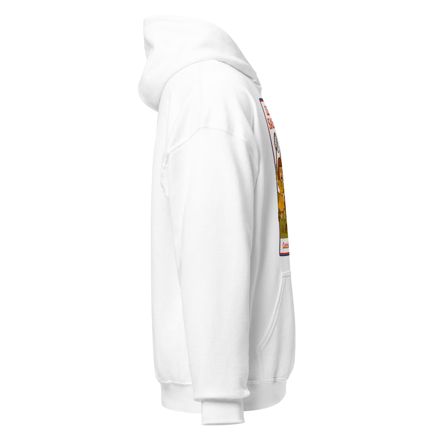 Right side view of a white hoodie showing side profile and partial view of the cartoon cryptid artwork.