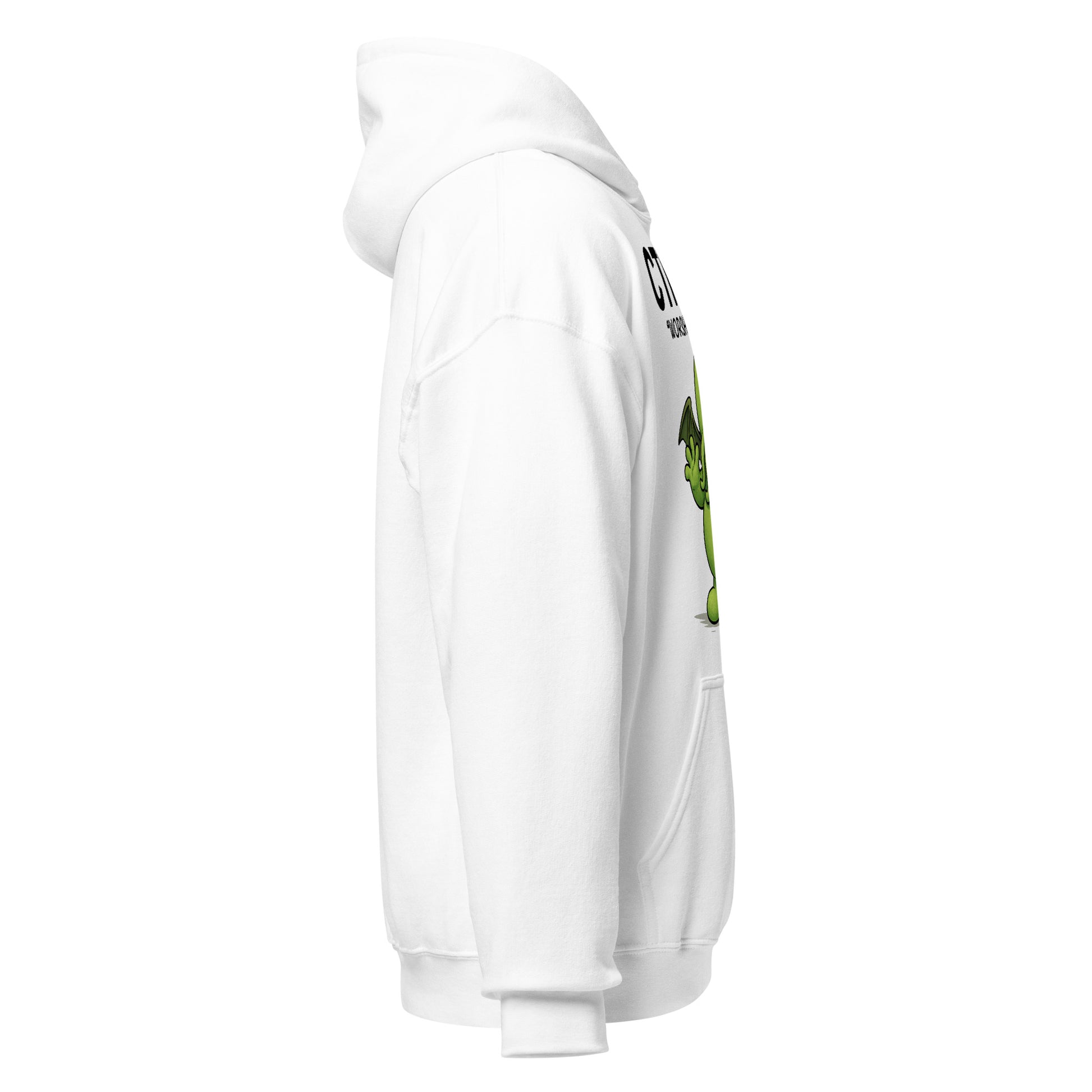 White hoodie with a graphic design on the back against a white background