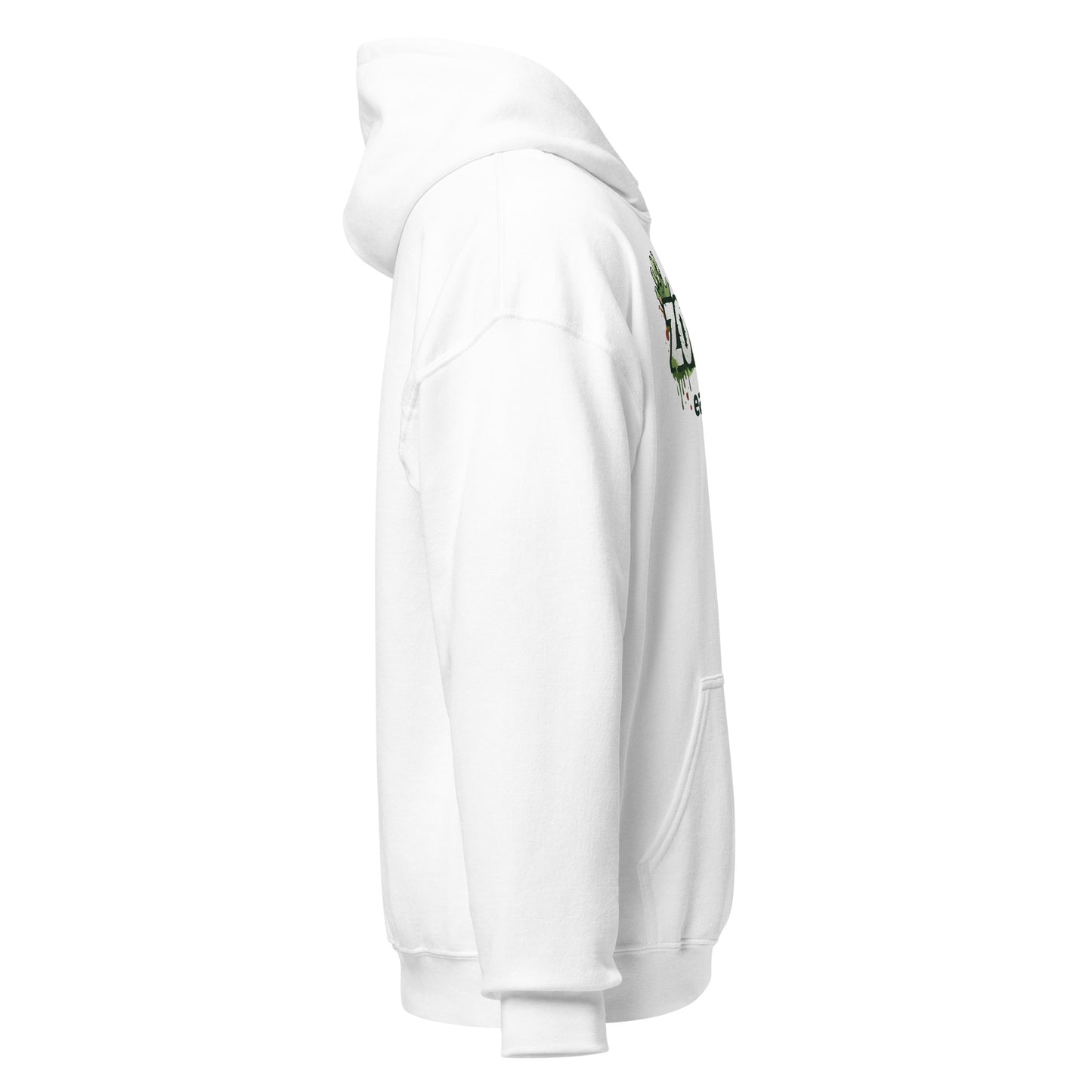 White hoodie with a small green logo on the chest against a white background