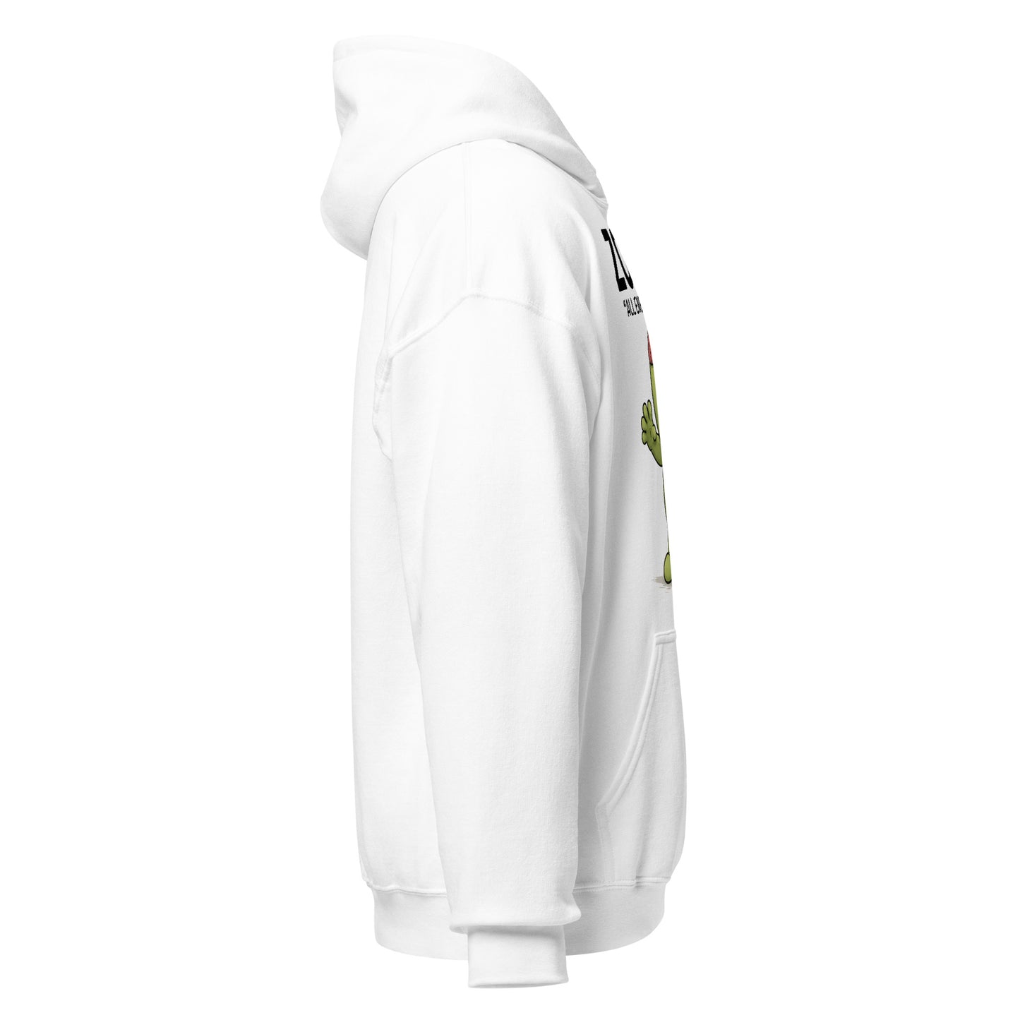 White hoodie right side angle with visible zombie design