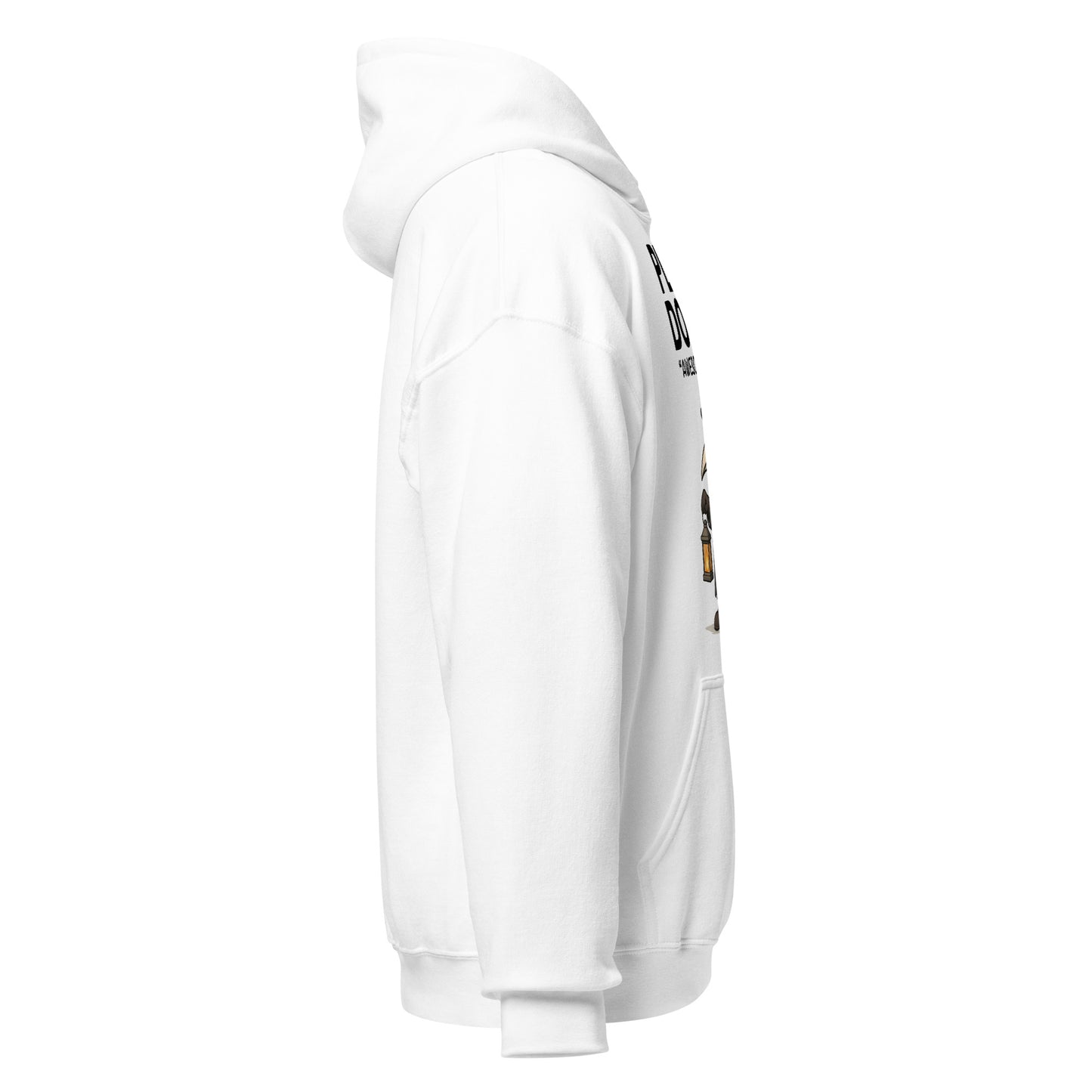 White hoodie right side angle with visible gothic artwork