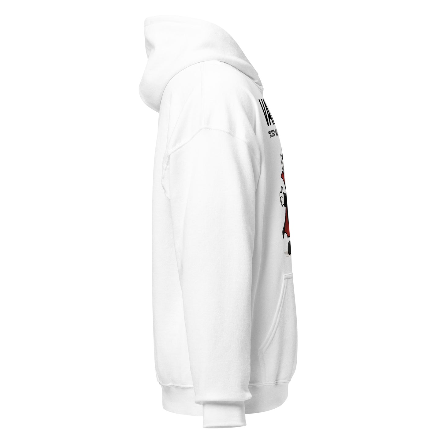 White hoodie with a graphic design on the sleeve against a white background