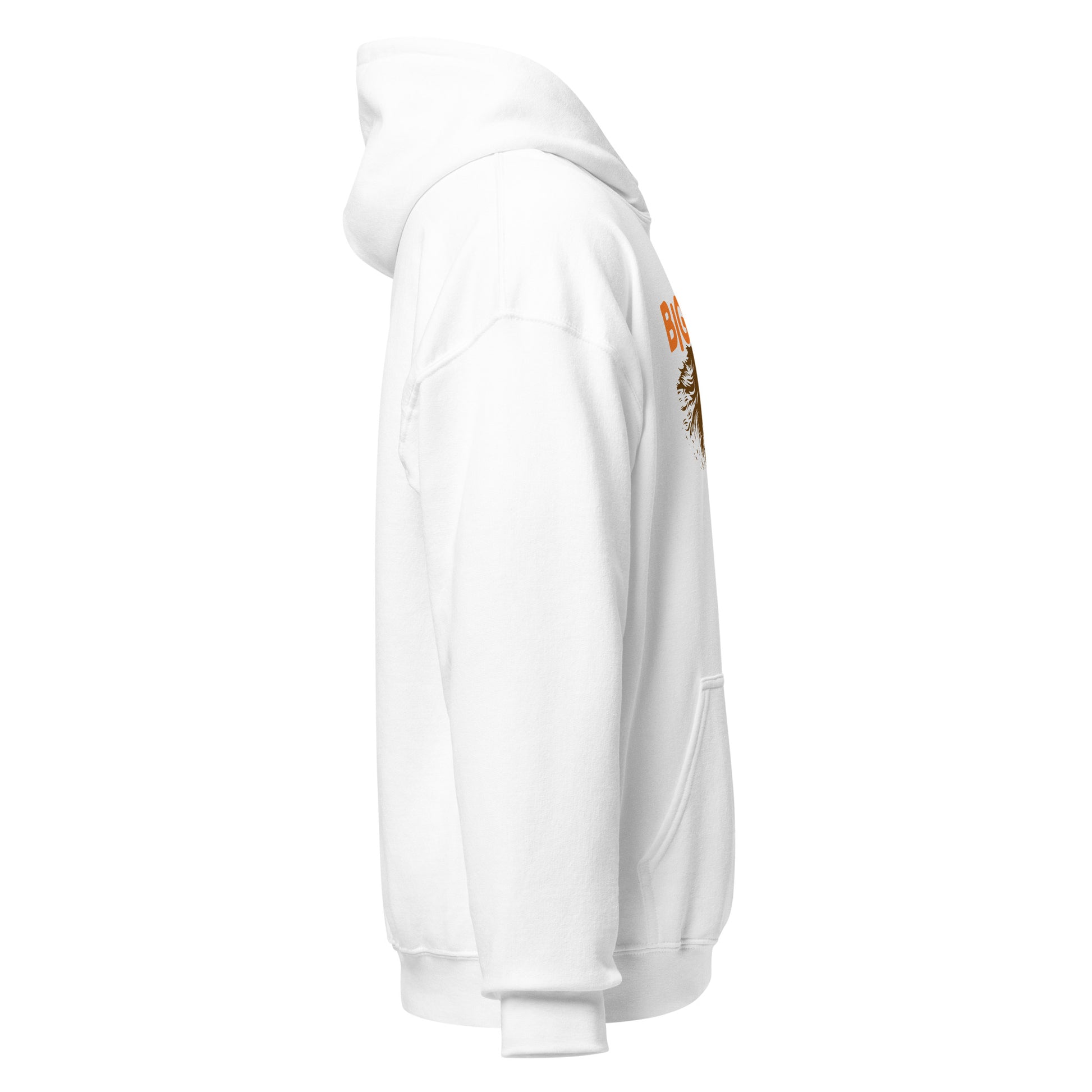 White hoodie with a logo on the chest against a white background