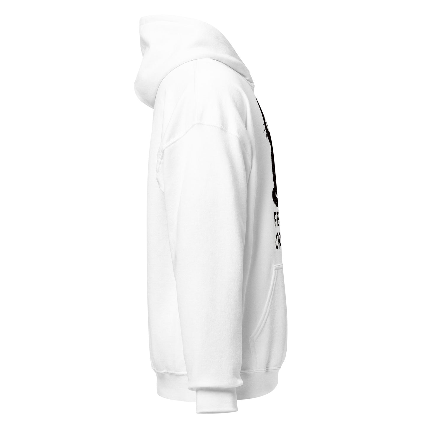White hoodie with black text on sleeve against a white background