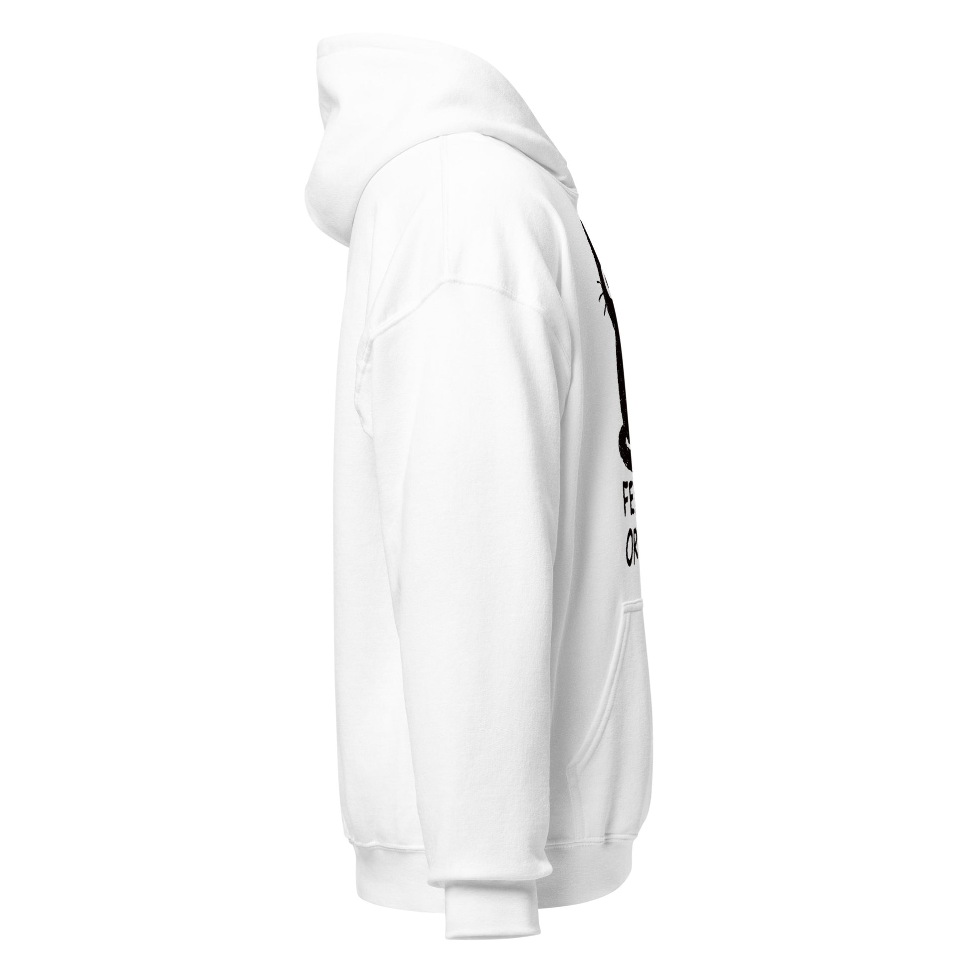 White hoodie with black text on sleeve against a white background