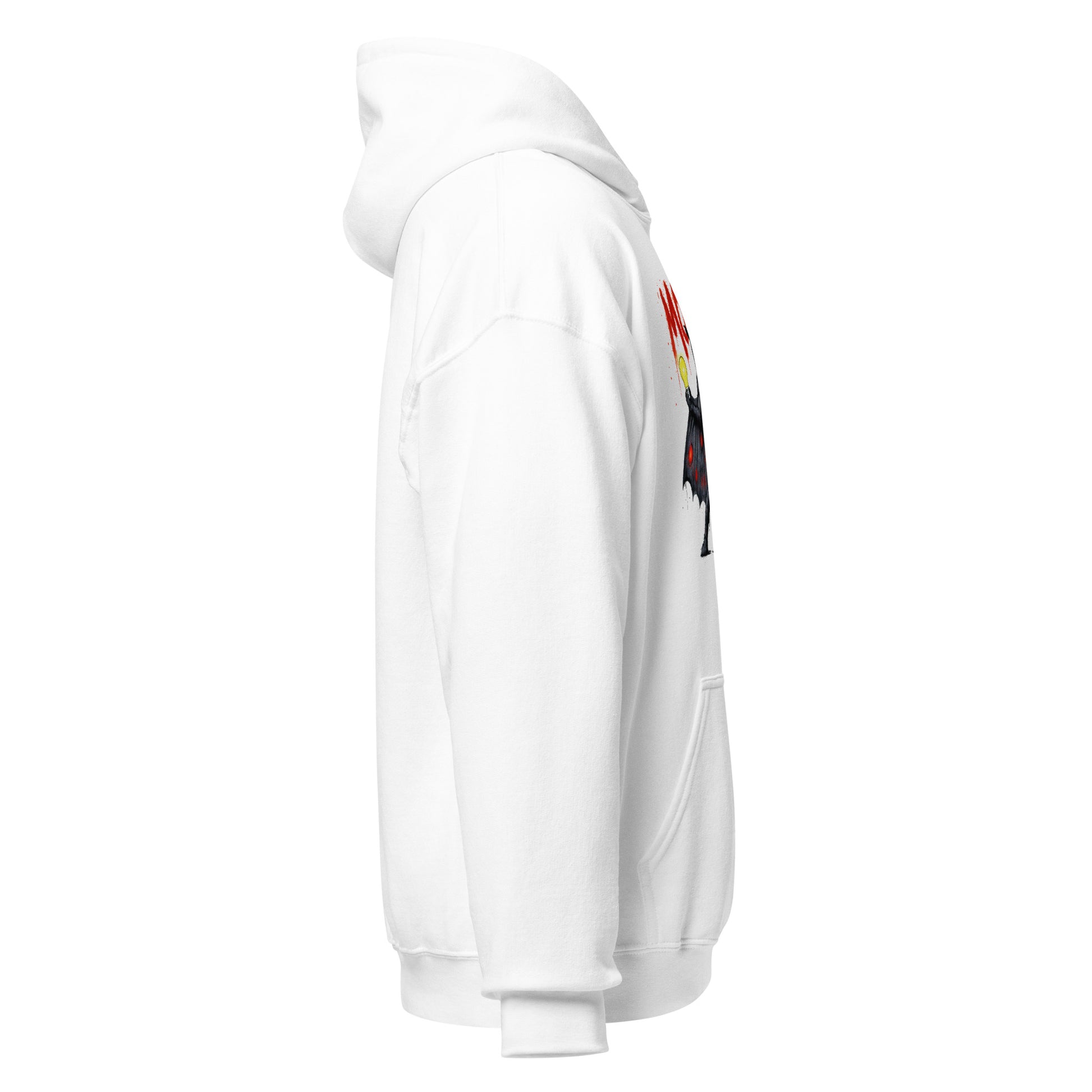 White hoodie with colorful graphic on sleeve against a white background