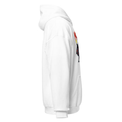 White hoodie with colorful graphic on sleeve against a white background
