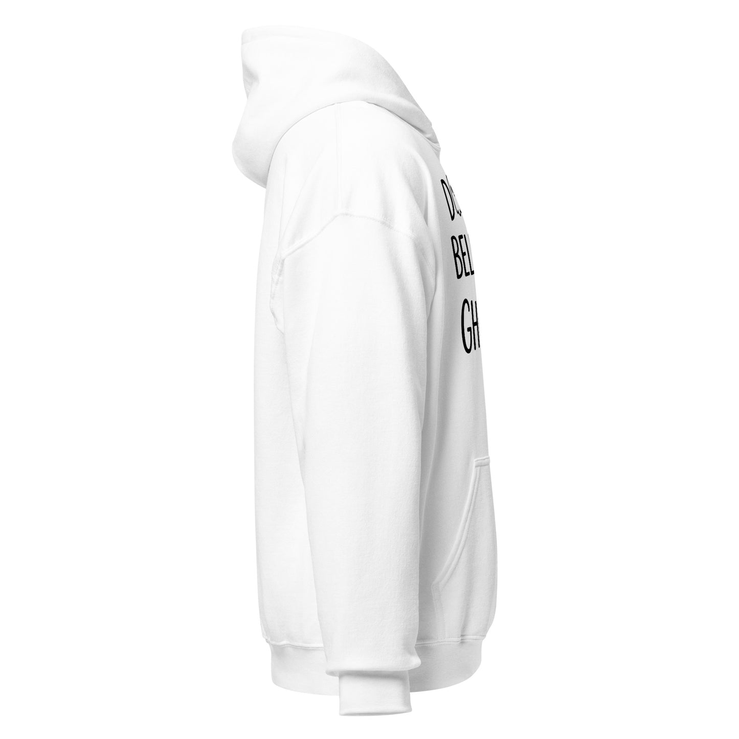 White hoodie with text on sleeve against a white background