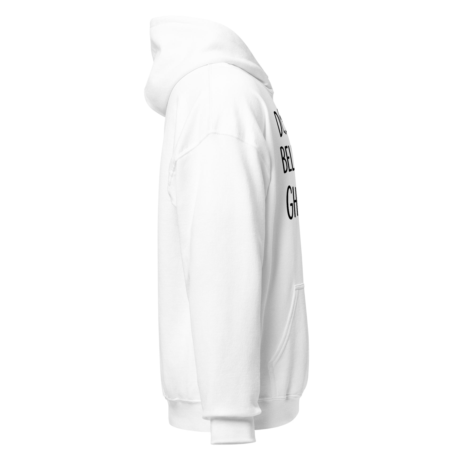 White hoodie with text on sleeve against a white background