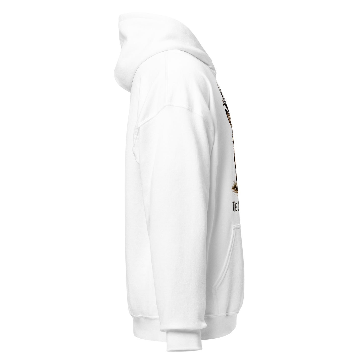 White hoodie with a small graphic on the sleeve against a white background