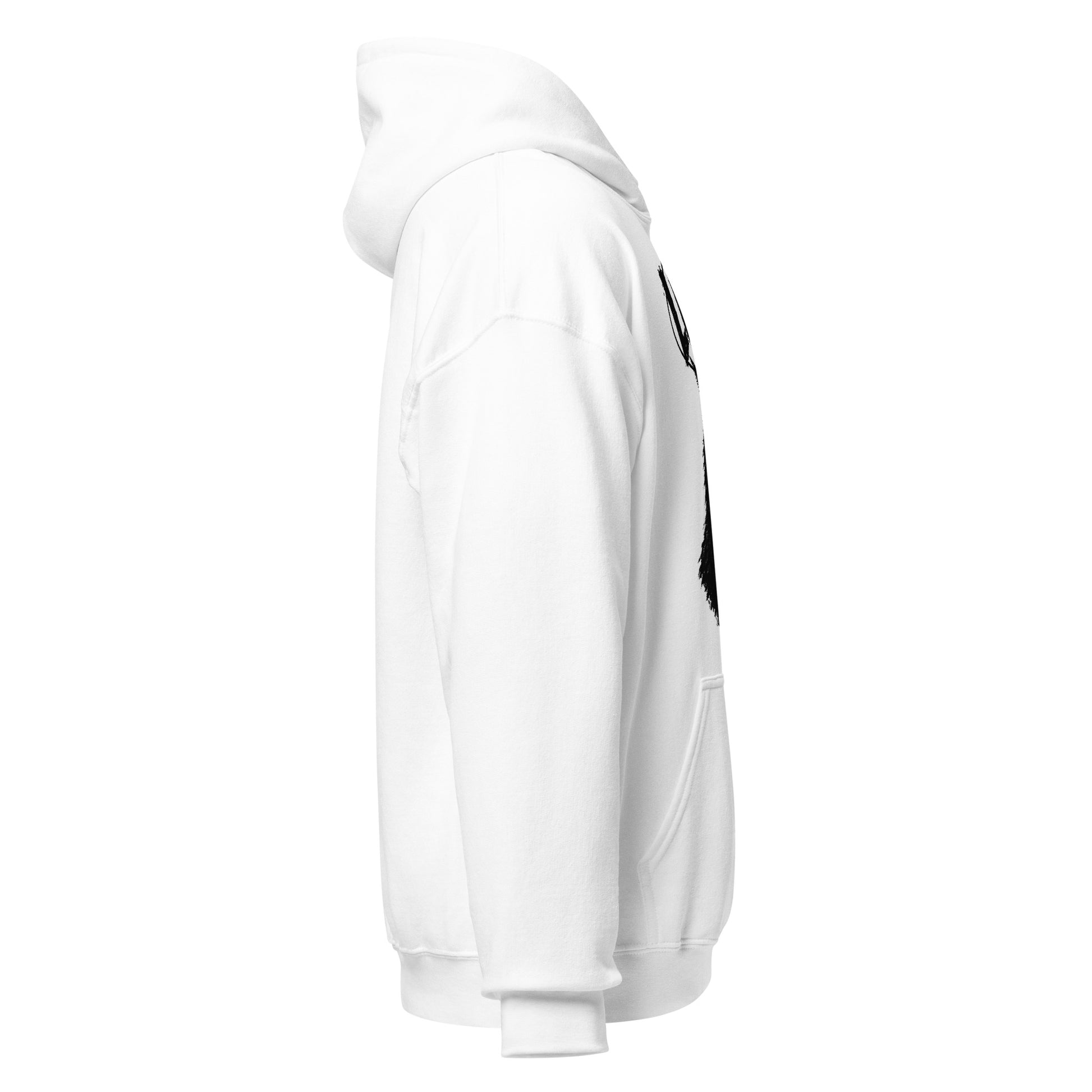 Alternate right side view of white Mothman cryptid hoodie