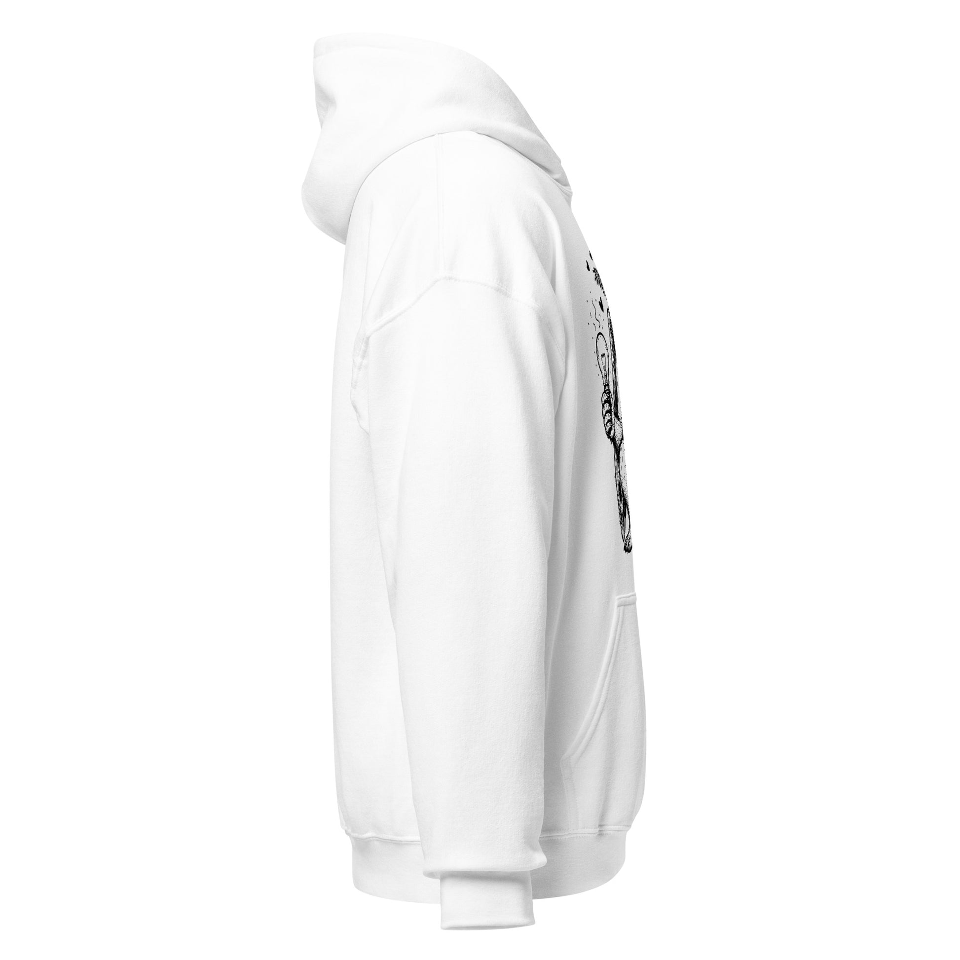 Right side view of cryptid humour hoodie with red eyed Mothman illustration