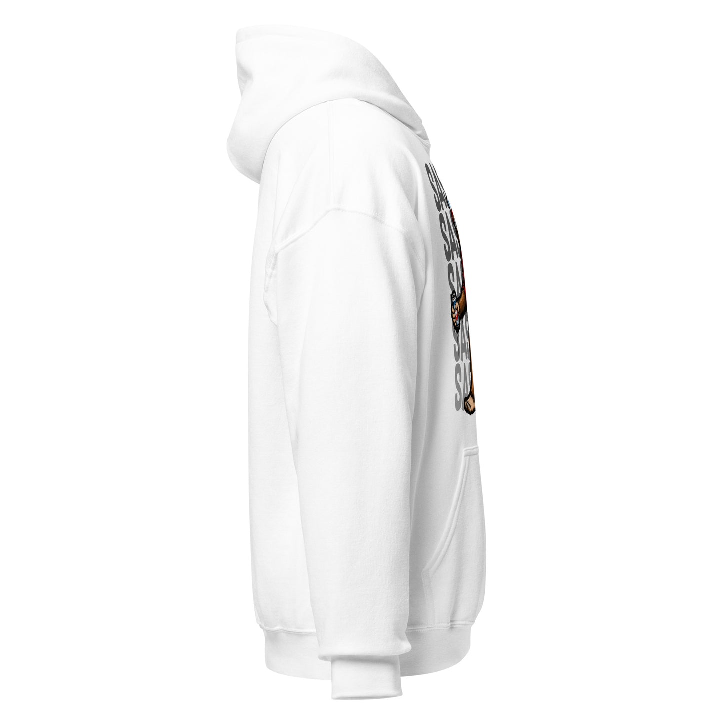 Right side view of funny Bigfoot hoodie with outdoor adventure inspired design