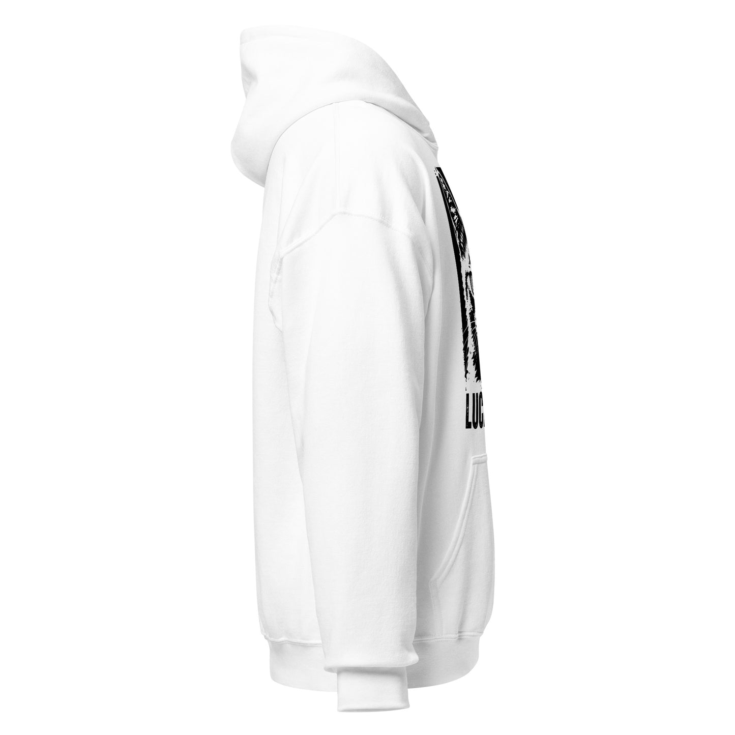 Right side view of the white Lucifurr gothic cat hooded sweatshirt with sleeve and hood