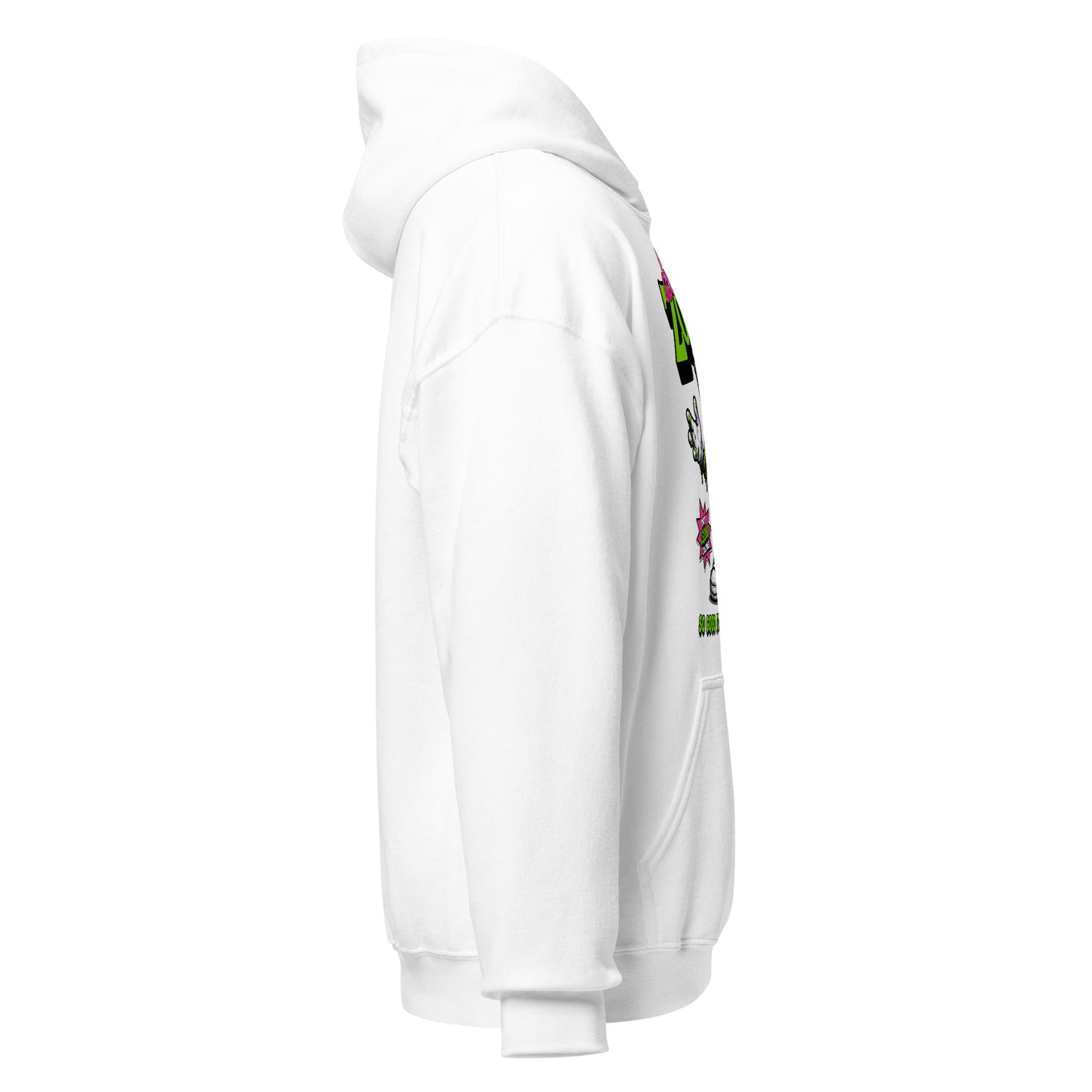 Right side view of the white funny zombie horror hoodie with sleeve and hood
