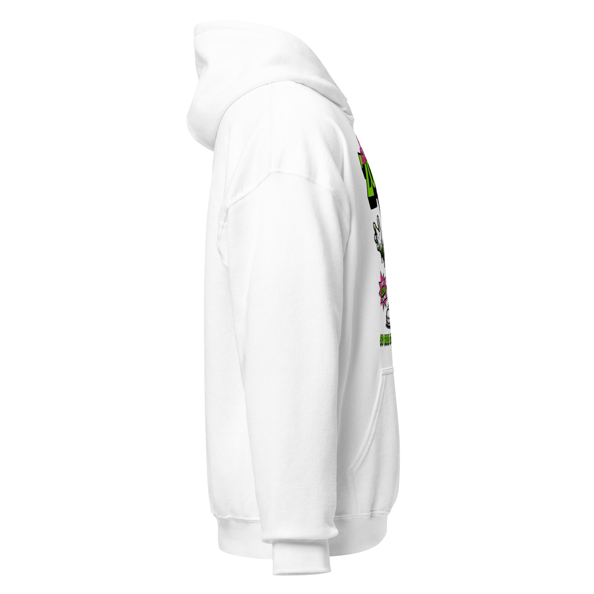 Right side view of the white funny zombie horror hoodie with sleeve and hood