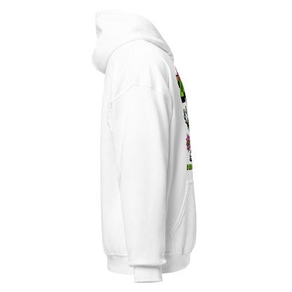Right side view of the white funny zombie horror hoodie with sleeve and hood