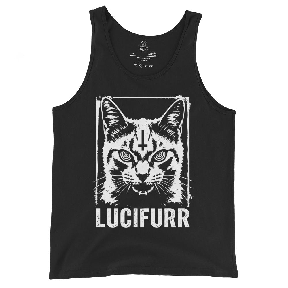 Black satanic cat tank top with white woodcut Lucifurr print and inverted cross