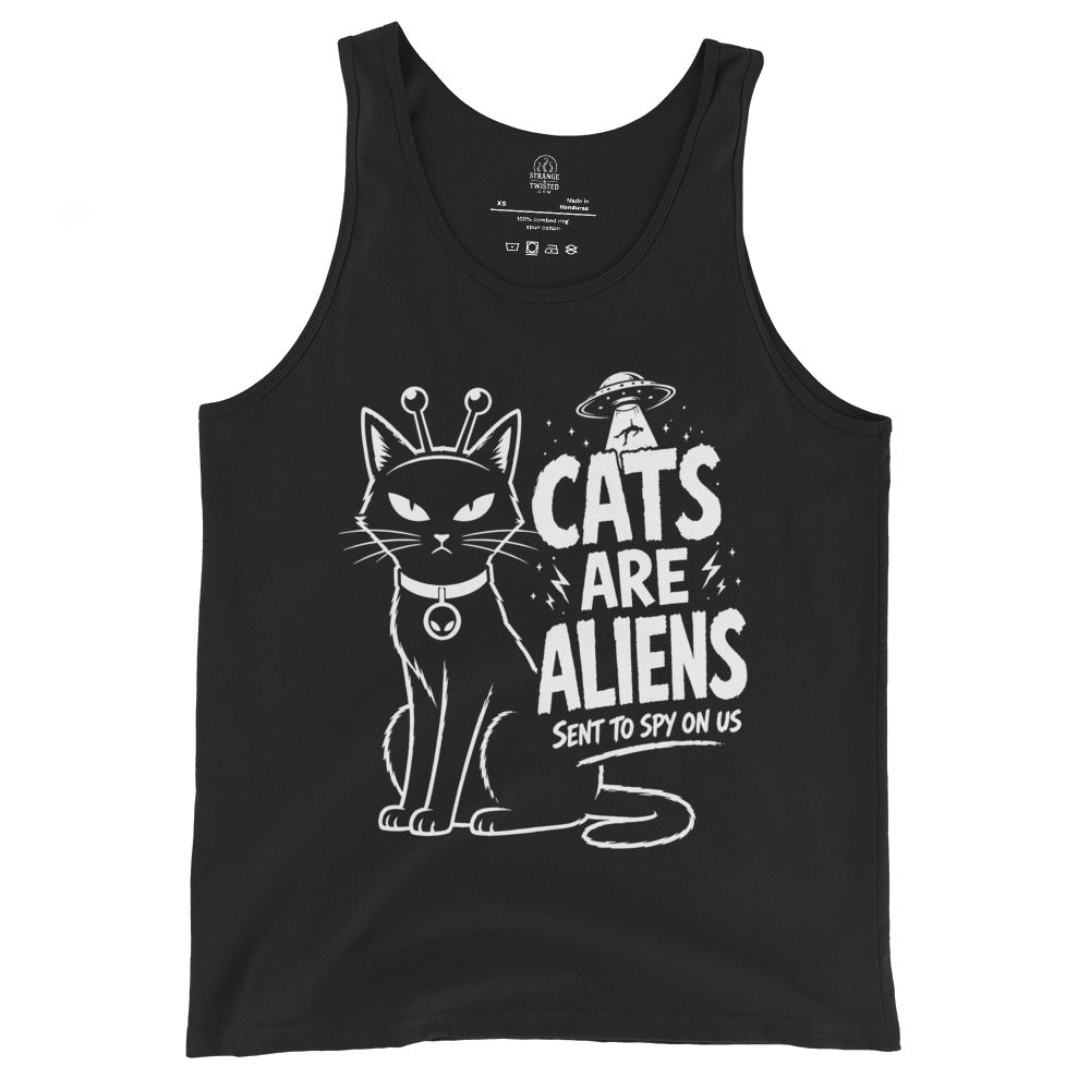 Black cats are aliens tank top with alien antennae cat and UFO abduction print