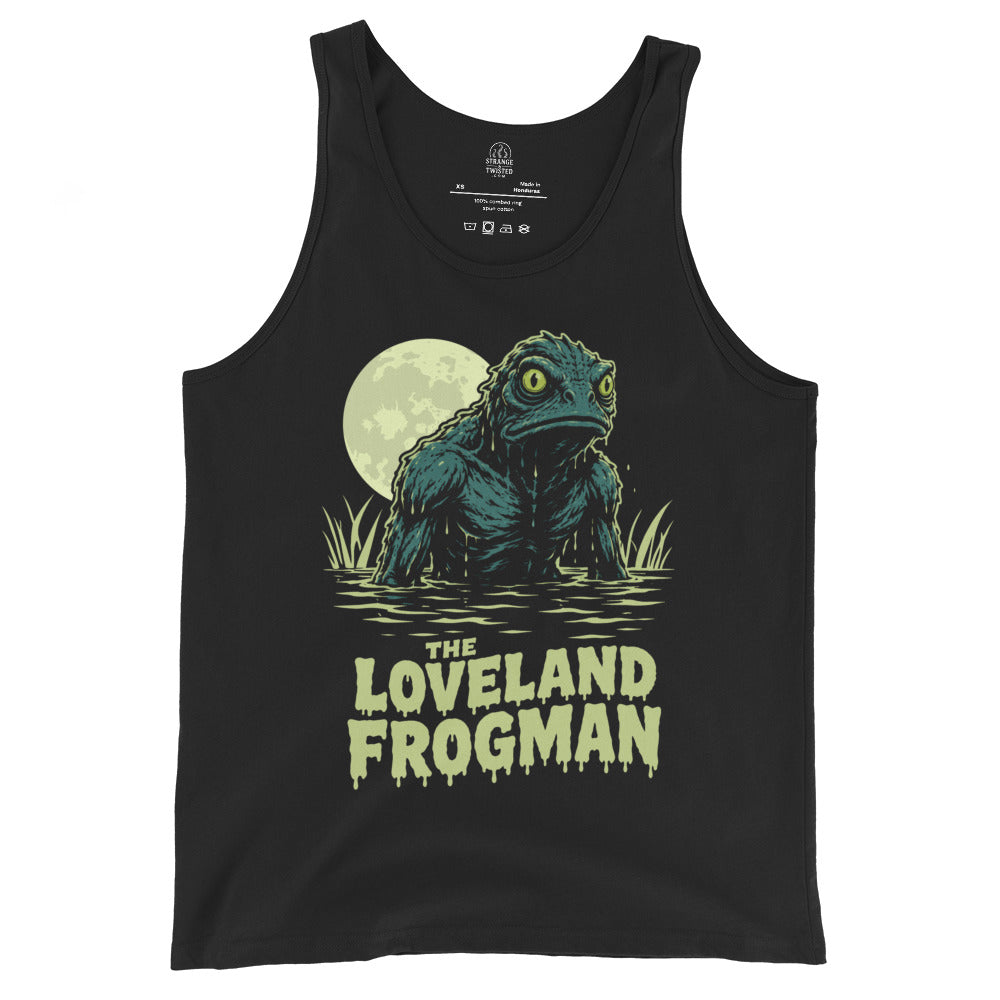 Black Loveland Frogman tank top with Ohio cryptid rising from swamp water under a full moon